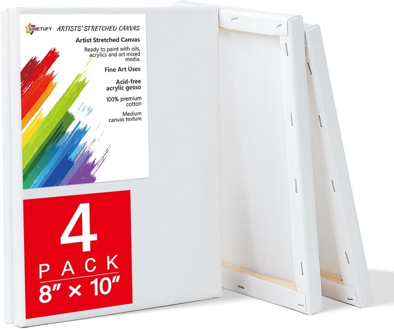 Simetufy 4 Pack Stretched Canvas for Painting 8x10 Inch, 100% Cotton Blank Art Canvases for Acrylic or Oil Paint, Pre-Primed, 5/8 Inch Profile - Image 1